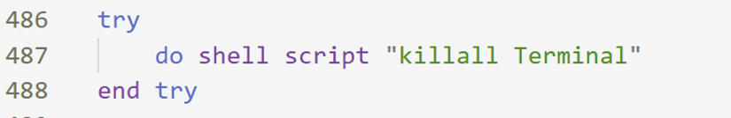 AppleScript snippet: do shell script killall Terminal inside a try block