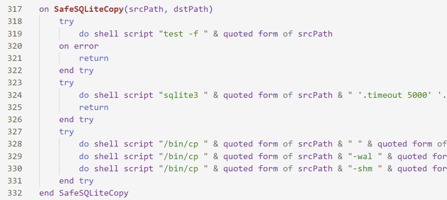 SafeSQLiteCopy routine copying SQLite databases with sqlite3 timeout and cp of -wal and -shm files
