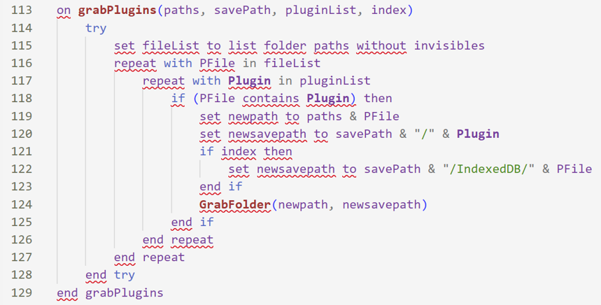 grabPlugins routine iterating extension folders and copying matching plugin IndexedDB data