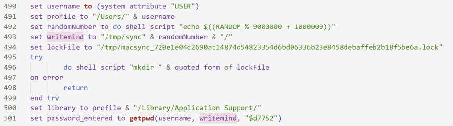 AppleScript setting writemind to /tmp/sync plus a random number and a lock file at /tmp/macsync_token.lock