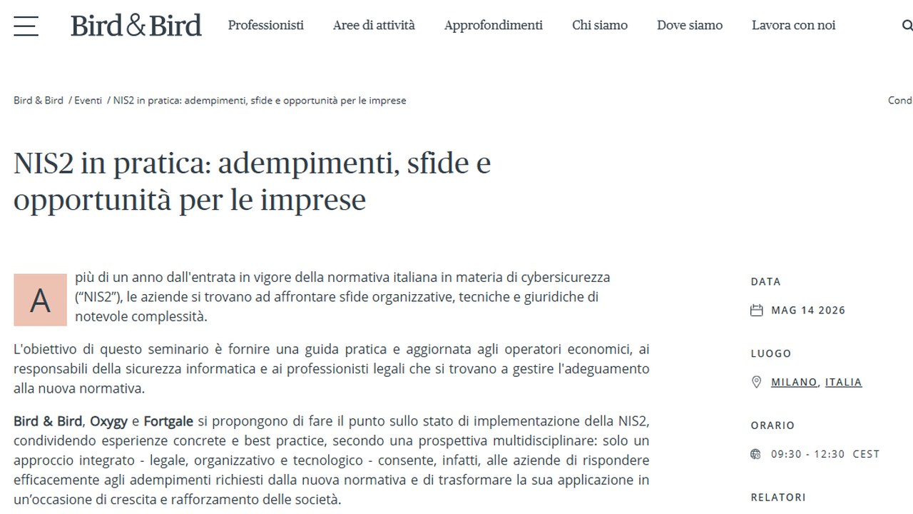 NIS2 in pratica · seminario Bird & Bird, Oxygy e Fortgale · Milano, 14 maggio 2026
